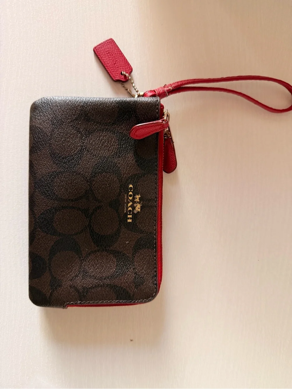 Coach Double Corner Zip Wristlet Signature  Coated Canvas.